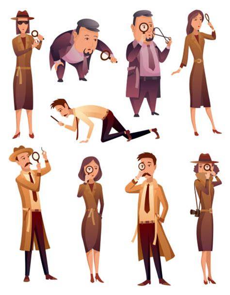 Collage bekannter Detektivfiguren, umrahmt mit Lupen und Fragezeichen