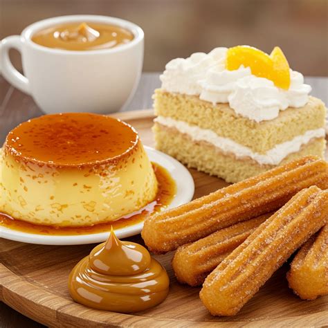 Collage traditioneller mexikanischer Desserts: Flan, Tres Leches, Churros, Arroz con Leche, Bionico