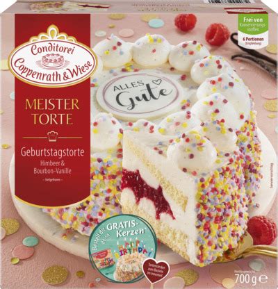 Coppenrath und Wiese Himbeer Vanille Torte dekoriert mit Zuckerkonfetti und Tortenaufleger