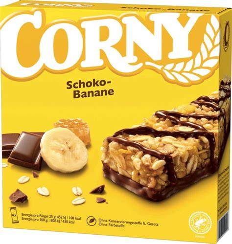Corny Schoko-Banane Müsliriegel Verpackung und Riegel