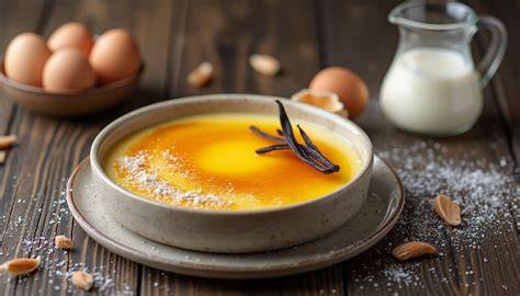 Crème aux oeufs im Dessertglas, mit Karamell und Beeren