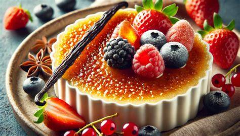 Crème brûlée auf einem Teller mit karamellisierter Oberfläche