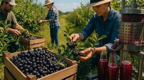 Cranberry-Früchte auf einem Feld, Ernte und Verarbeitung für Saft