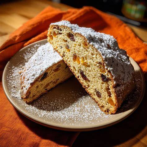 Cranberry-Marzipan-Stollen angeschnitten: saftige Krume und Marzipanfüllung