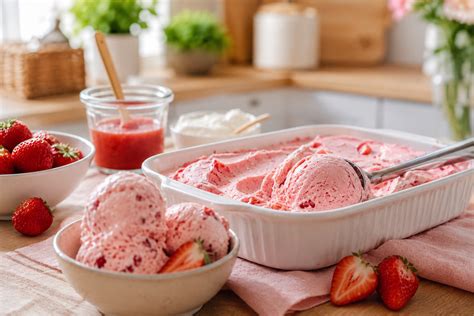 Cremiges Erdbeereis ohne Ei, fertig zubereitet, mit Fruchtdeko