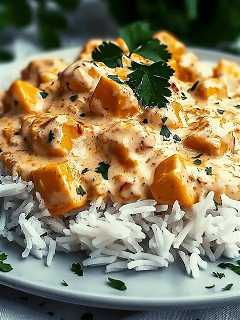 Cremiges Hähnchen Curry mit Reis und frischer Petersilie angerichtet