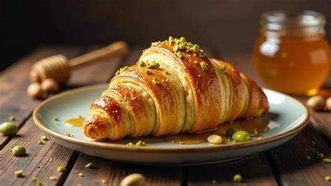 Croissants auf Gitterrost neben Schale mit Pistazien