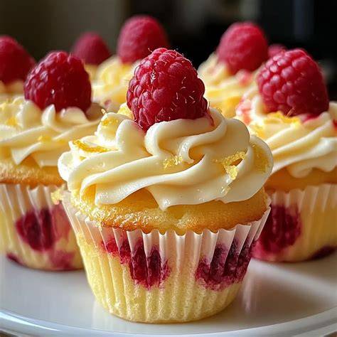 Cupcakes mit weißer Schokolade und Himbeeren garniert