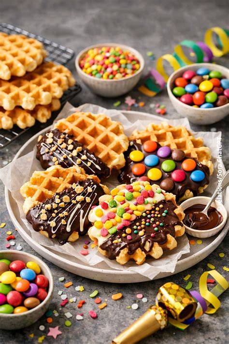 Deko-Ideen: Zuckerperlen, Konfetti, Kuvertüre auf Mini-Waffelkuchen