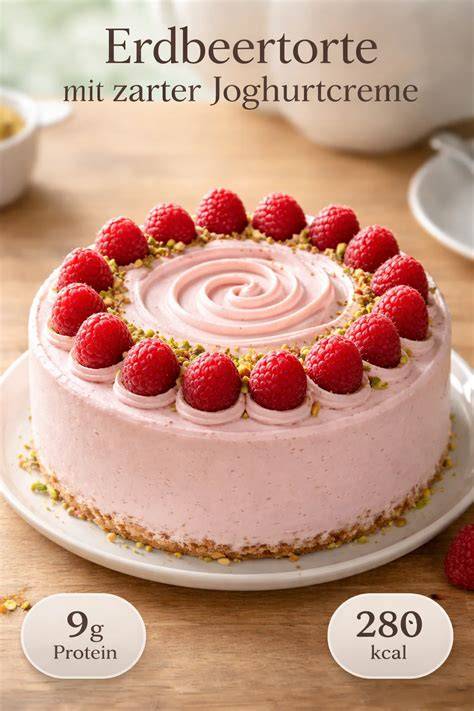 Dekoration: Beeren, Minzschokolade, zarter Tortenguss auf Joghurtcreme