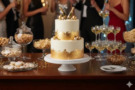 Dekoration: Blattgold, Zuckerperlen und Mini-Sektflaschen auf Champagner-Torte