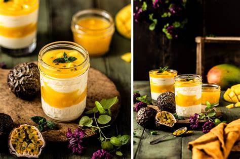 Dekorationsbeispiel mit Mango, Maracuja, Kokosraspeln