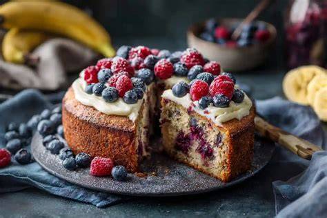 Dekorationsideen: Bananen, Beeren, Donuts und Riegel auf Nutella-Torte