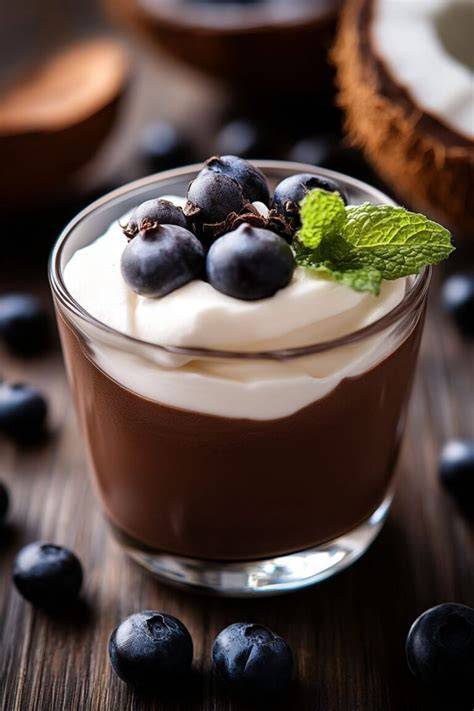 Dekorativ angerichtete Schoko Kokos Creme mit Minze und Beeren