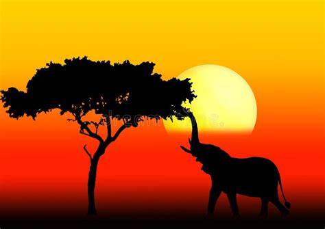 Dekoridee: Silhouetten von Elefant, Giraffe und Akazie auf einem Airbrush-Sonnenuntergang