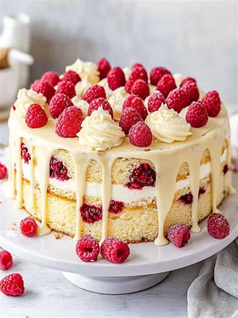 Dekorideen: Puderzuckerstaub, weiße Schokoladenglasur, frische Himbeeren