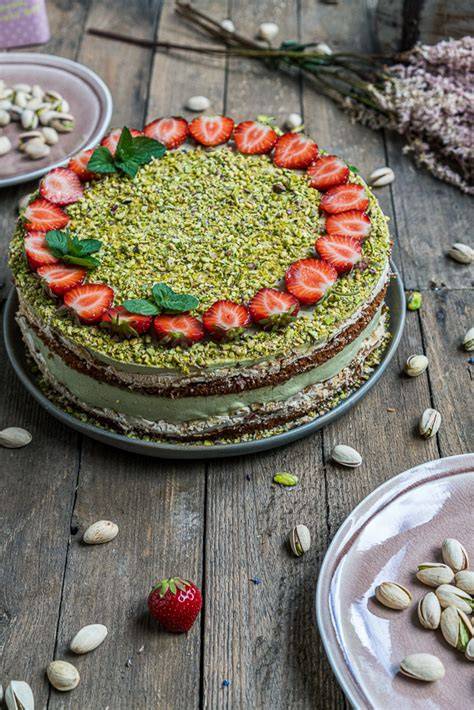 Dekorierte Erdbeer-Mascarpone-Torte mit Pistazien