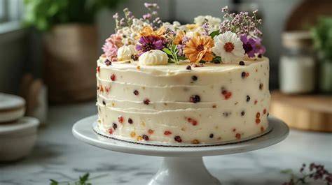 Dekorierte Heidelbeer-Joghurt-Torte mit frischen Beeren und Blüten