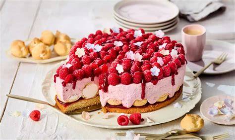 Detail: Lava-Törtchen mit Himbeeren auf Fruchtspiegel, geschlagenes Schlagobers
