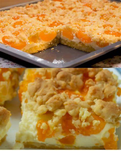 Detailansicht: Innenleben eines Aprikosenkuchens mit Streusel und Quarkfüllung
