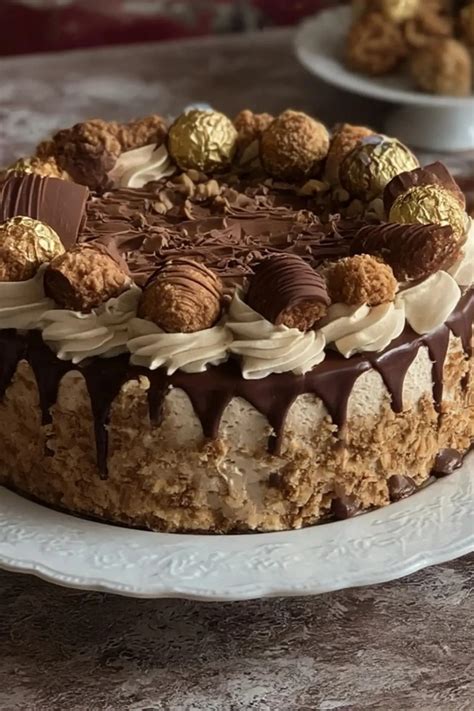 Detailansicht der Ferrero Rocher Torte mit Sahnetupfen und Ferrero Rocher Kugeln