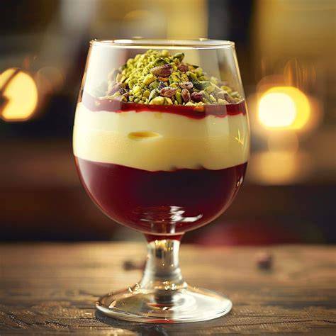Detailaufnahme: Himbeeren, rote Grütze und Pistazien auf cremiger Milchmädchen-Quarkschicht