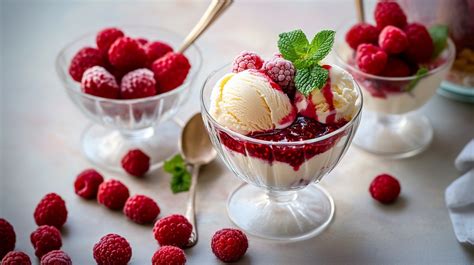 Detailaufnahme: Schneegestöber-Waffel mit heißen Himbeeren und Vanilleeis