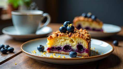 Detailaufnahme: Streuselschicht und Blaubeeren