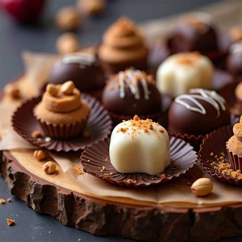 Detailfoto Ganache-Pralinen in verschiedenen Variationen