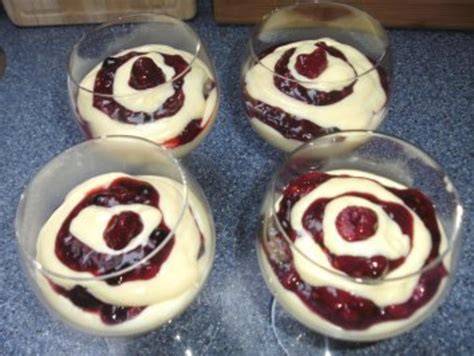 Deutscher Vanillepudding mit roter Grütze und Sahne