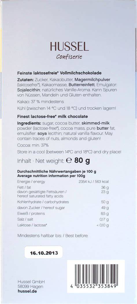 Diagramm: Zutatenübersicht Vollmilchschokolade Hussel