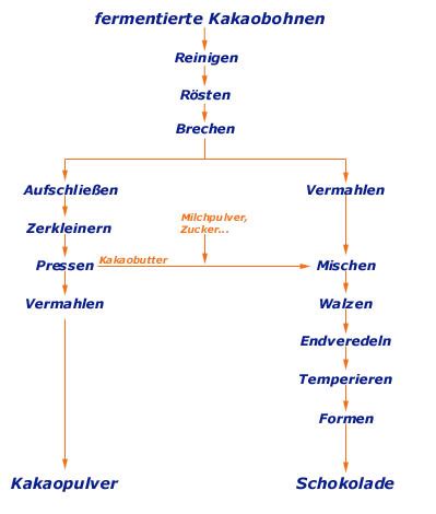 Diagramm Verarbeitung Kakaobohne zu Kakaopulver und Kakaobutter