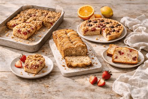 Dinkel-Blechkuchen, frisch angeschnitten, verschiedene Früchte sichtbar