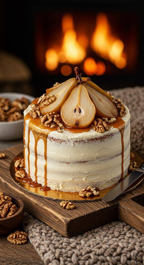 Drip-Deko und Birnenscheiben auf der Torte