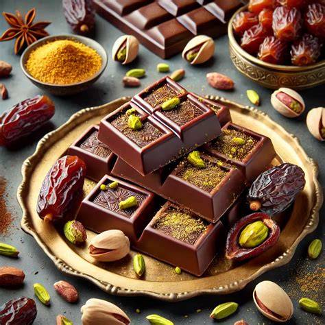 Dubai Schokolade: Scheiben auf orientalischem Teller als Geschenk serviert