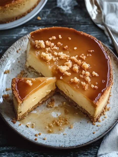 Dulce de Leche Käsekuchen mit karamellisierter Oberfläche und Nussgarnitur