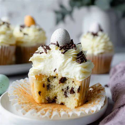 Eierlikör-Muffins mit Sahnetopping und Schokoraspeln dekoriert