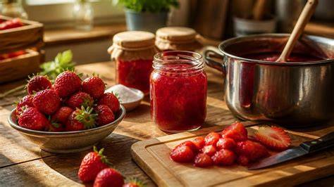 Eingekochte Erdbeermarmelade in Gläsern