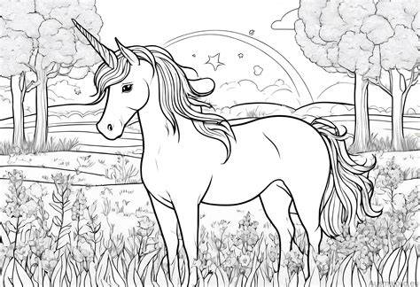 Einhorn, das auf einer bunten Wiese verschiedene Pflanzen und Blumen frisst