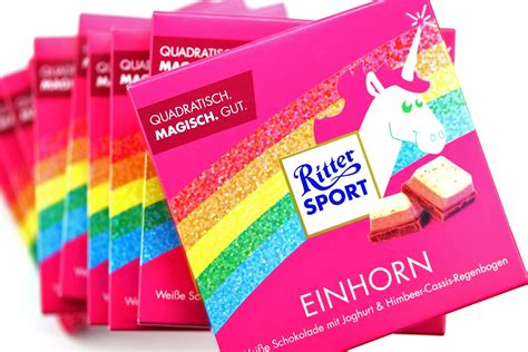Einhorn-Schokolade Ritter Sport mit pinkfarbener Verpackung