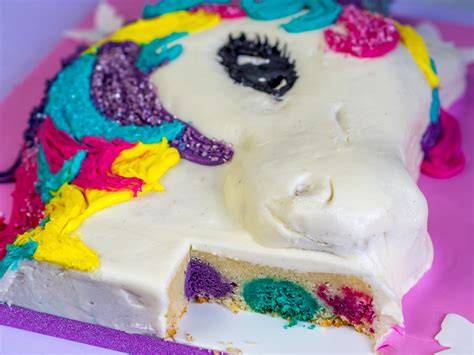 Einhorn-Torte angeschnitten, Regenbogenschichten und bunte Buttercreme