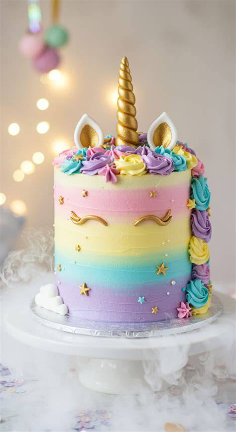 Einhorn-Torte mit goldfarbenem Horn, bunten Buttercreme-Mähnen und Fondant-Ohren