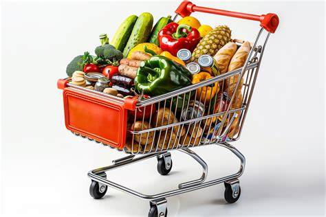 Einkaufswagen mit frischem Obst und Gemüse