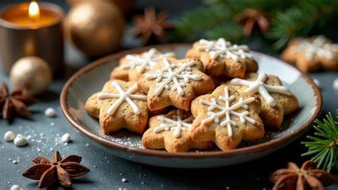 Eischnee mit Zucker auf Lebkuchen und Zimtsternen