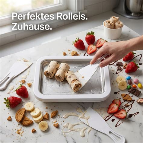 Eisrollen auf gekühlter Platte, fertige Dessertbecher