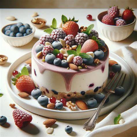 Eistorte dekoriert mit Beeren und Nüssen