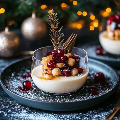 Elegante Dessertpräsentation Lebkuchen Panna Cotta mit Rotweinpflaumen
