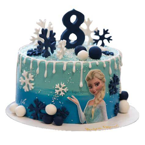 Elsa-Geburtstagstorte: Inspirationsbild mit Schneeflocken, Drip und Isomalt-Eisbergen