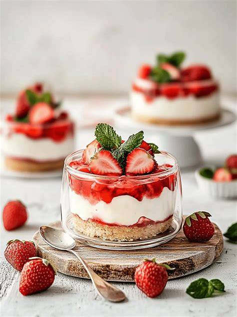 Erdbeer-Cheesecake im Glas geschichtet