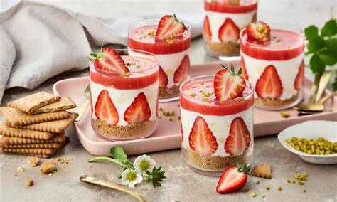Erdbeer-Dessert im Glas: Randdeko mit Erdbeerscheiben und Butterkeksboden